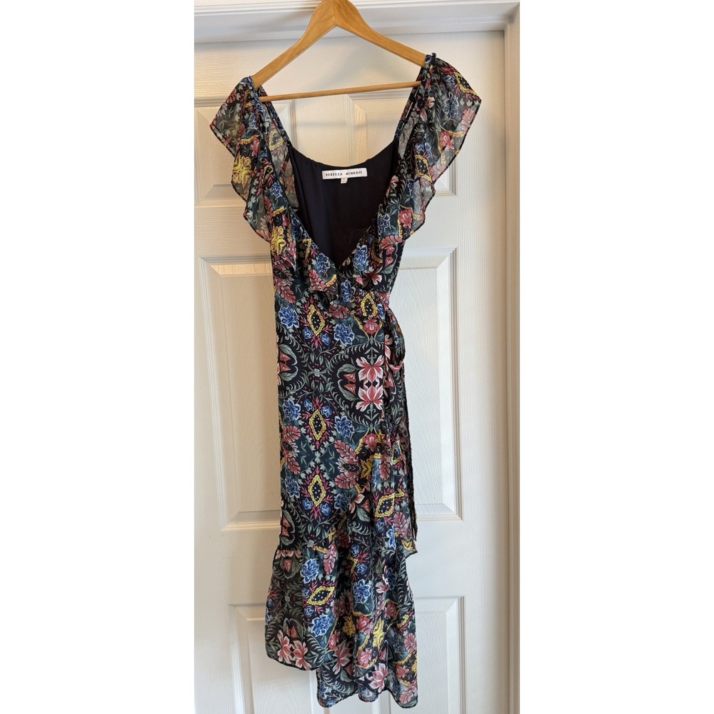 Rebecca Minkoff Wrap Dress Womens XS Black Multi Floral Ruffle High-Low Midi